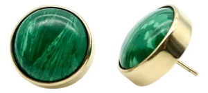 Vintage 14k Gold Malachite Button Earrings, A Pair