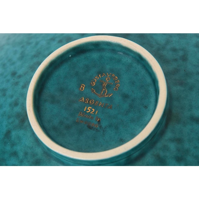 Vintage Gustavsberg Argenta Turquoise Green Ceramic Bowl With Silver Lines Sweden For Sale - Image 9 of 9