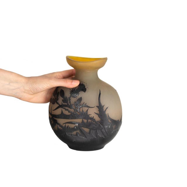 A rare Etablissement Galle Cherries mold-blown souffle cameo glass vase. The baluster body with acid-etched and mold-blown...