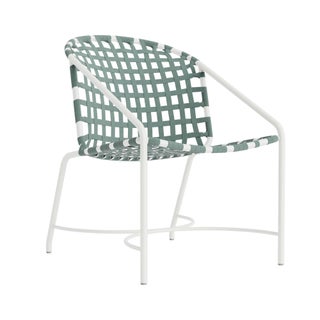 Brown Jordan Kantan Aluminum Arm Chair in Chalk with Spa Suncloth Strapping For Sale