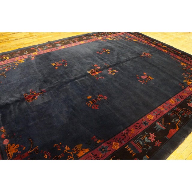 1920s Antique Navy Floral Oriental Chinese Art Deco Rug in Mandarin Quality For Sale - Image 11 of 11
