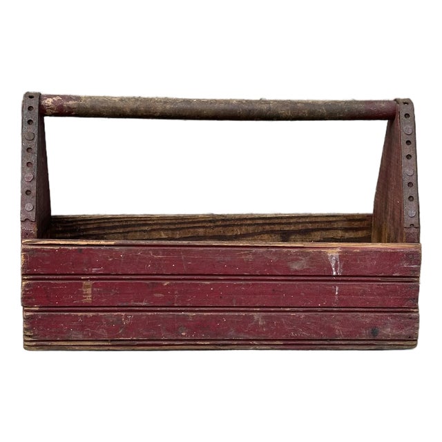 Antique Early 20th Century Red Rustic Farmhouse Wooden Tool Caddy For Sale