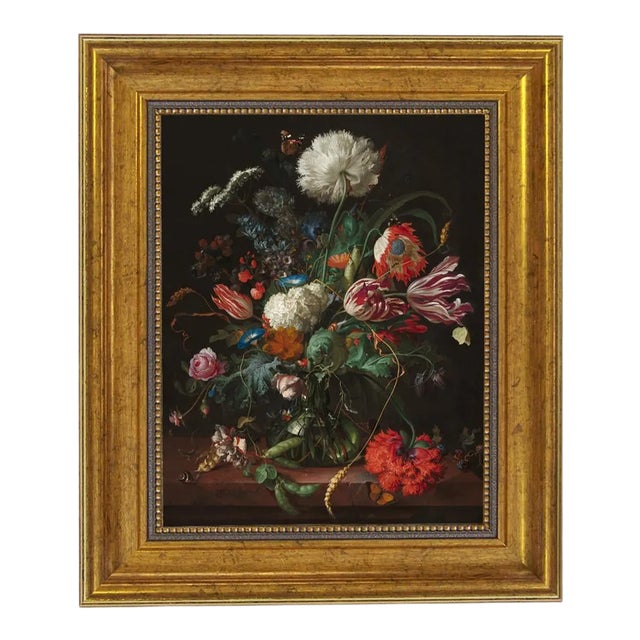"Vase of Flowers" After Jan Davidsz DeHeem, Contemporary Reproduction Print on Canvas, Small Gold Frame, 8 x 10 For Sale