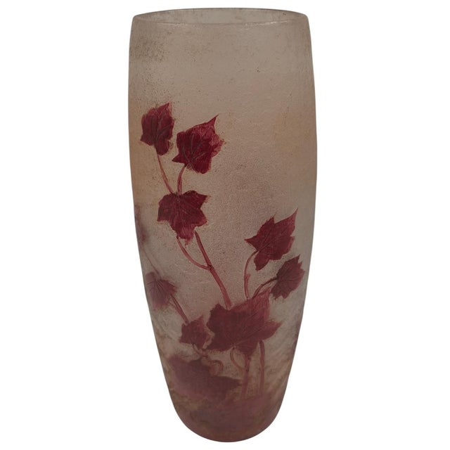 Art Nouveau Antique Legras French Art Nouveau Enameled Glass Vase – Ivy Pattern (11 Inches) For Sale - Image 3 of 10