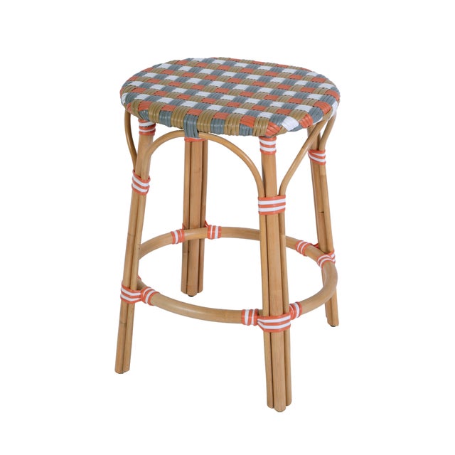 Orange Ballito 24.5 in. Seat Height Oval Rattan Counter Stool with Footrest, French Orange, Brown, Gray & White For Sale - Image 8 of 8