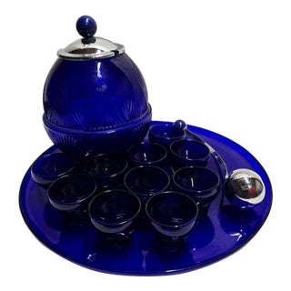 Cobalt Blue Glass Punch Bowl With 10 Cups, Ladle and Large Display Tray- 13 Pieces For Sale