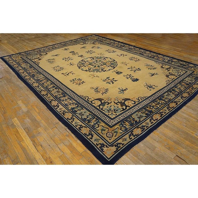 Art Deco 1920s Beige Floral Classic Greek Key Deco Antique Chinese Peking Knotted Rug For Sale - Image 3 of 10