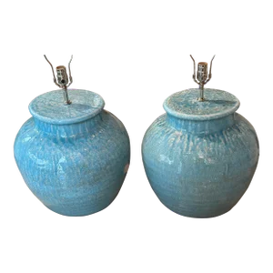 Vintage Pair Pottery Terra Cotta Crackle Glaze Turquoise Table Lamps Newly Wired