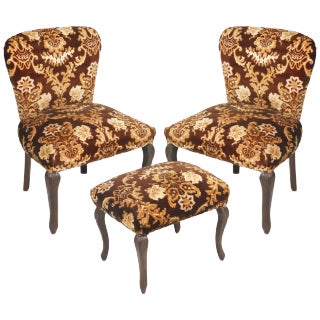Antique Damask Velvet Armchairs and Ottoman Set, Set of 3 For Sale