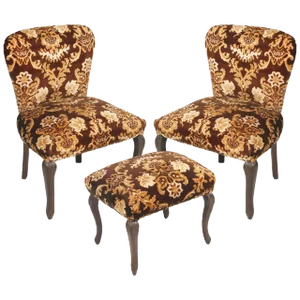 Antique Damask Velvet Armchairs and Ottoman Set, Set of 3