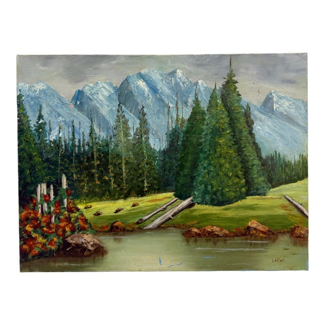 1970s Original Mountain Lake Landscape Painting by Larue For Sale
