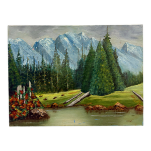 1970s Original Mountain Lake Landscape Painting by Larue