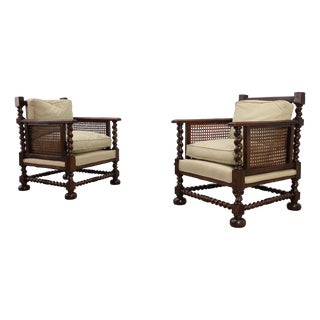 Antique English Oak and Rattan Armchairs with Twisted Details, 1880, Set of 2 For Sale