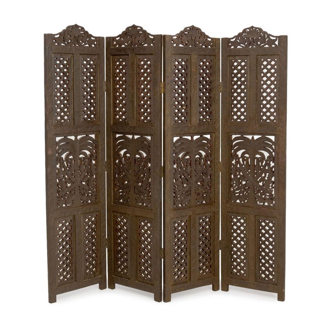 Metal Syrian Palm Tree Motif Four Panel Brass Clad Screen For Sale - Image 7 of 10