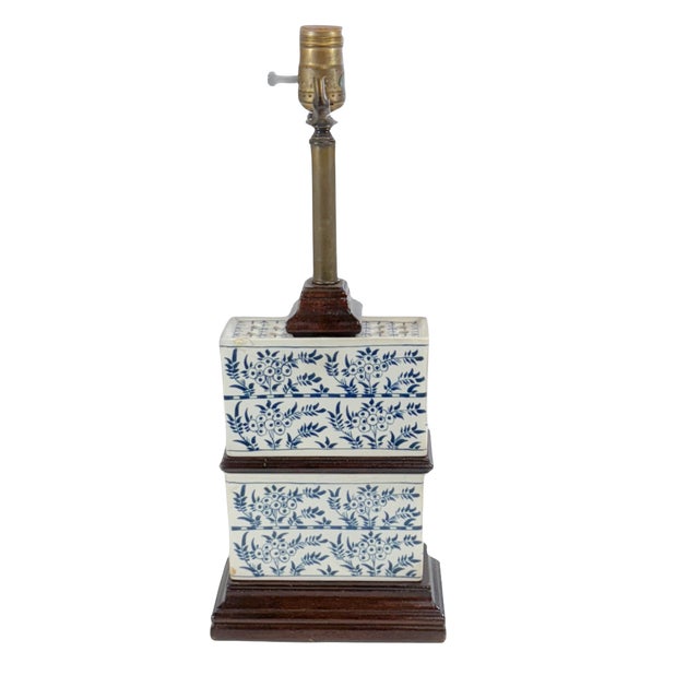 American Blue and White Floral Bricks Base Table Lamp For Sale - Image 3 of 4