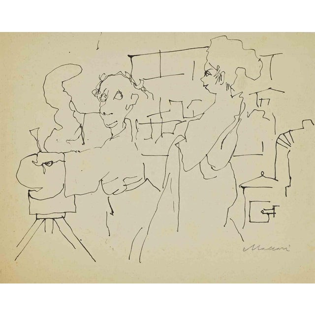 Mino Maccari, The Sculptor, Ink Drawing, 1960s For Sale