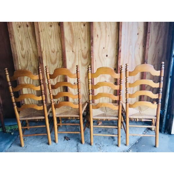 French Farmhouse Country Style Oak Ladder Back Chairs With Rush Seats