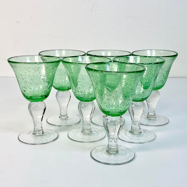 Rustic European Vintage Italian Rustic European Controlled Bubble Hand Blown Glass Wine Goblets - Set of 7, After Murano For Sale - Image 3 of 9