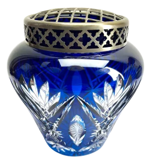 Cobalt Cut-to-Clear Crystal Pique Fleurs Vase with Grille from Val Saint Lambert, 1935