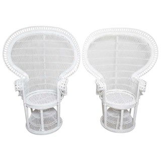 Rare Pair of White Wicker Vintage Peacock Chairs For Sale