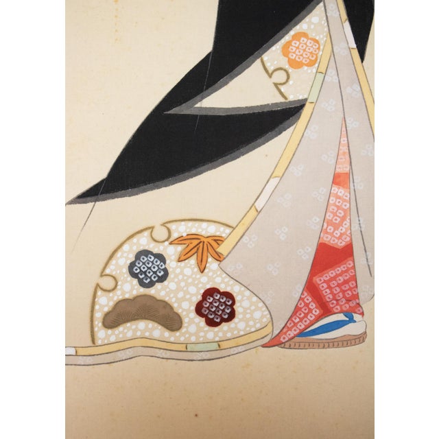 Textile "Beauty With a Puppet" by Getsudo, Showa Era Japanese Silk Scroll Painting For Sale - Image 7 of 18