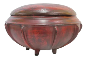 Large Red Lacquer Burmese Antique Round Storage Wood Food Box With Lid