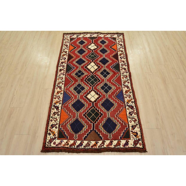 Cabin Qashqai Rug 3’8” X 6’7” Red Wool Vintage Tribal Hand-Knotted Oriental Carpet For Sale - Image 3 of 13