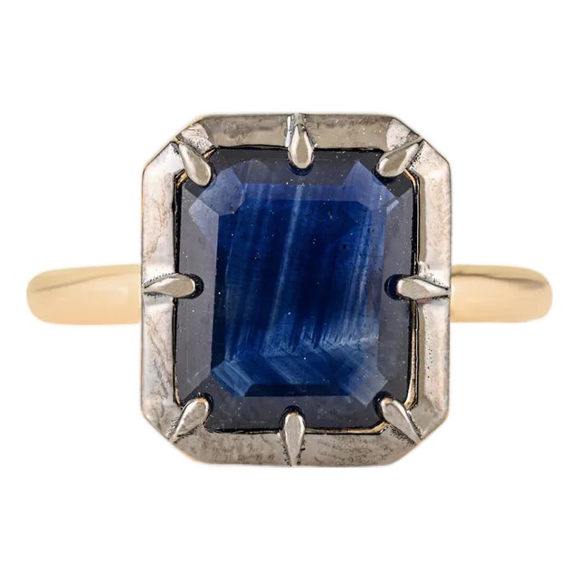 18k Yellow Gold Blue Sapphire & Black Rhodium Art Deco Ring Size 6.5 For Sale