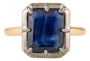 18k Yellow Gold Blue Sapphire & Black Rhodium Art Deco Ring Size 6.5