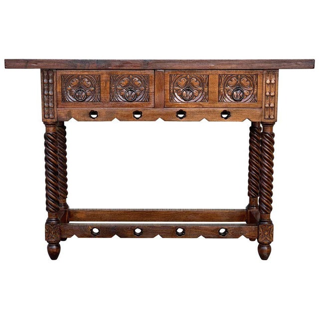 18th Carved Two-Drawer Baroque Spanish Walnut Console Table With Iron Hardware For Sale - Image 13 of 13