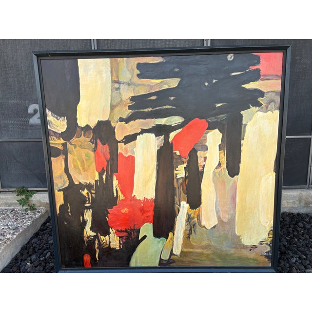 Abstract Modern Framed Oil Painting On Canvas. Offered is a dramatic mid-century abstract oil painting (51 inches x 53...