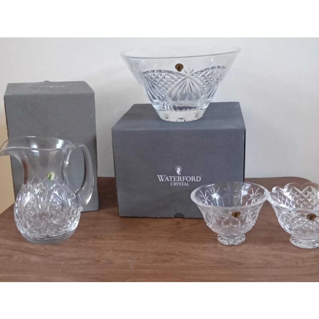 Transparent Vintage Waterford Crystal Set With Original Boxes & Labels - O'Mara 10" Bowl, Waterville Pitcher & Footed Bowls For Sale - Image 8 of 15