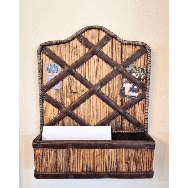 Vintage wall organizer, letter holder, note center, 1970's. Wood, rattan and leather with hanger on back. Add texture and...