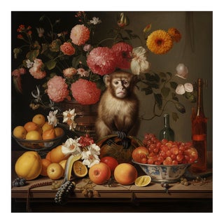 30' X 30' Collector Fine Art Print 'Still Life With Fruits, 'Flowers and Monkey', Unframed For Sale