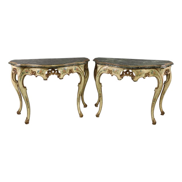 Pair of Antique Italian Trompe l'Oeil Faux Marble Painted Console Tables For Sale