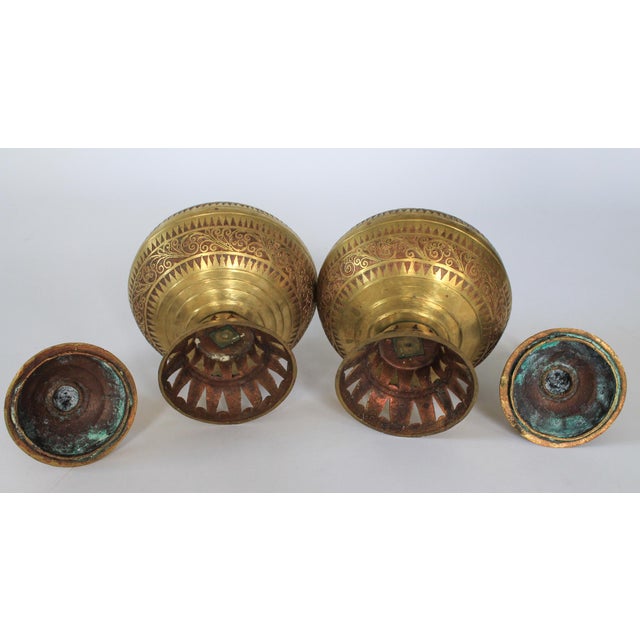 Vintage Etched Brass Asian Philippine Wedding Vessels or Urns - A Pair For Sale - Image 15 of 15