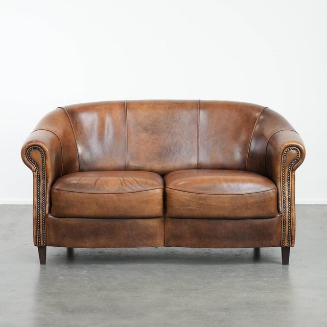 Vintage 2-Seater Club Sofa in Sheepskin with Decorative Nails For Sale - Image 17 of 17