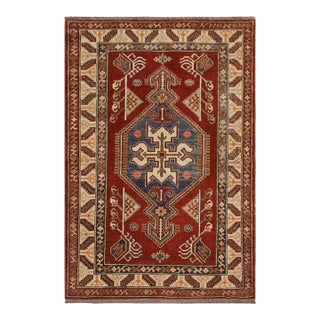 Tribal Super Kazak Rust/Tan Wool Rug - 4'0'' X 5'5'' For Sale