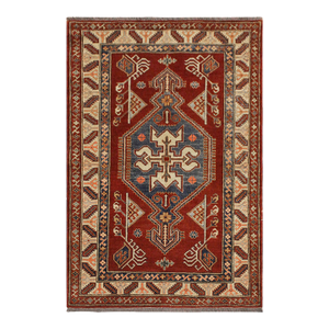 Tribal Super Kazak Rust/Tan Wool Rug - 4'0'' X 5'5''