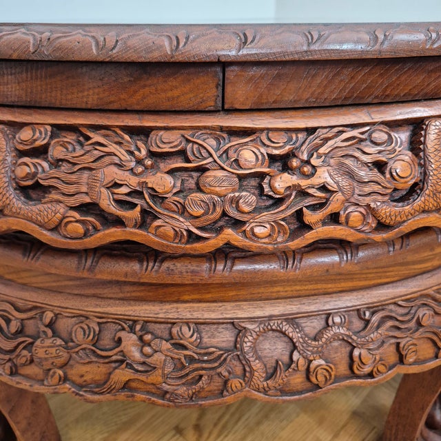 Mid-20th Century Signed George Zee Asian Dragon Carved Rosewood Tea Table & 4 Stools - Set of 5 For Sale In Washington DC - Image 6 of 11