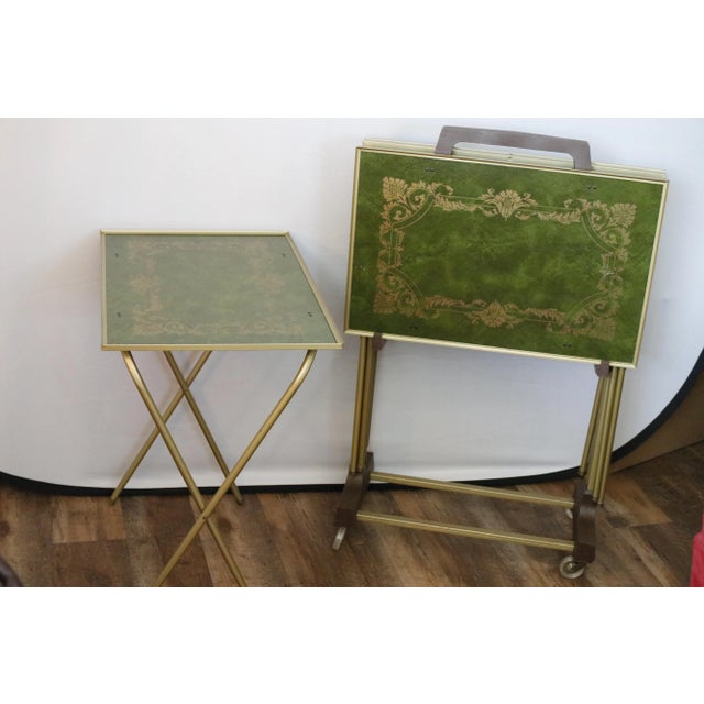 Mid-Century Green and Gold English Regency Design 1960s Tray Tables With Rolling Stand For Sale - Image 4 of 17