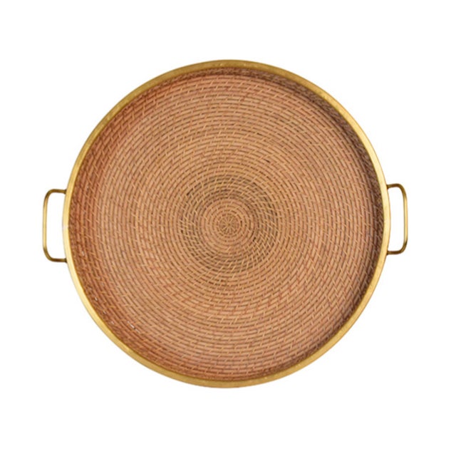 2020s Matthew Izzo Home Babs 18" Round Natural Rattan and Brass Trim Serving Tray For Sale - Image 5 of 7