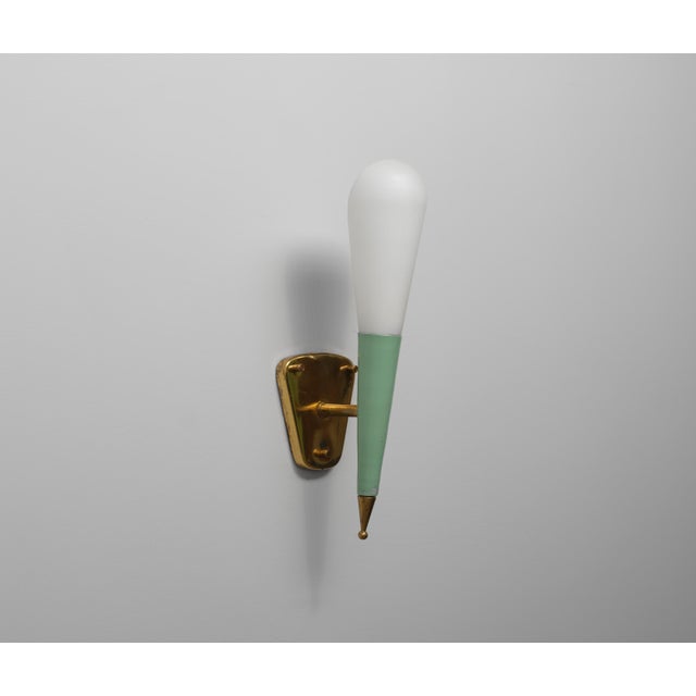 Metal Vintage Italian Brass and Green-Lacquered Steel Wall Sconce with Opaline Glass Shade, 1950s For Sale - Image 7 of 7