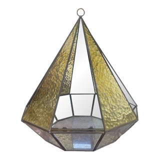 Vintage Decorative Geometric Hanging Lantern or Terrarium With Textured Amber Glass and Mirrored Back. For Sale