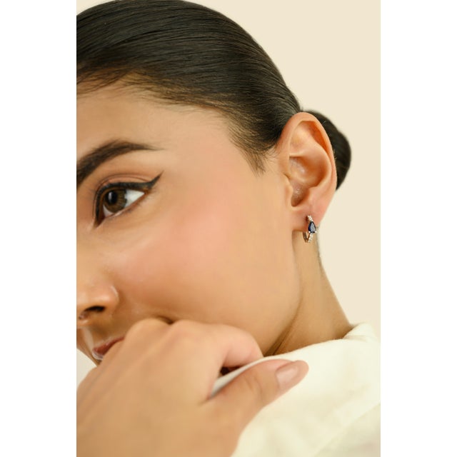 Metal 18k White Gold 1 Ct Pear-Shaped Blue Sapphire & Diamond Chic Hoop Earrings- A Pair For Sale - Image 7 of 14