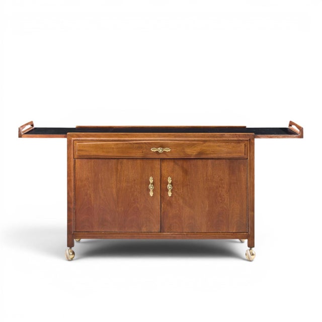 John Kapel for Glenn of California Mid Century Walnut Drop Leaf Expandable Bar Cart This bar cart measures: 45 wide x...