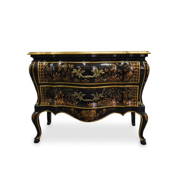 Finely detailed hand-painted Chinoiserie Bombay Chest from John Widdicomb featuring two hand painted drawers reflecting a...