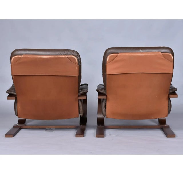 Pair of Brown Leather Scandinavian Cantilever Bentwood Sling Chairs For Sale - Image 12 of 13