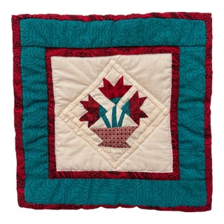 Vintage Traditional Americana "Carolina Lilly" Quilt Textile Art, Red, Turquoise, Off-White For Sale
