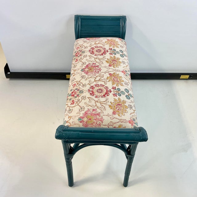 Mid-Century Boho Chic Coastal Bamboo Bench - Newly Upholstered Ikat Linen For Sale - Image 13 of 18